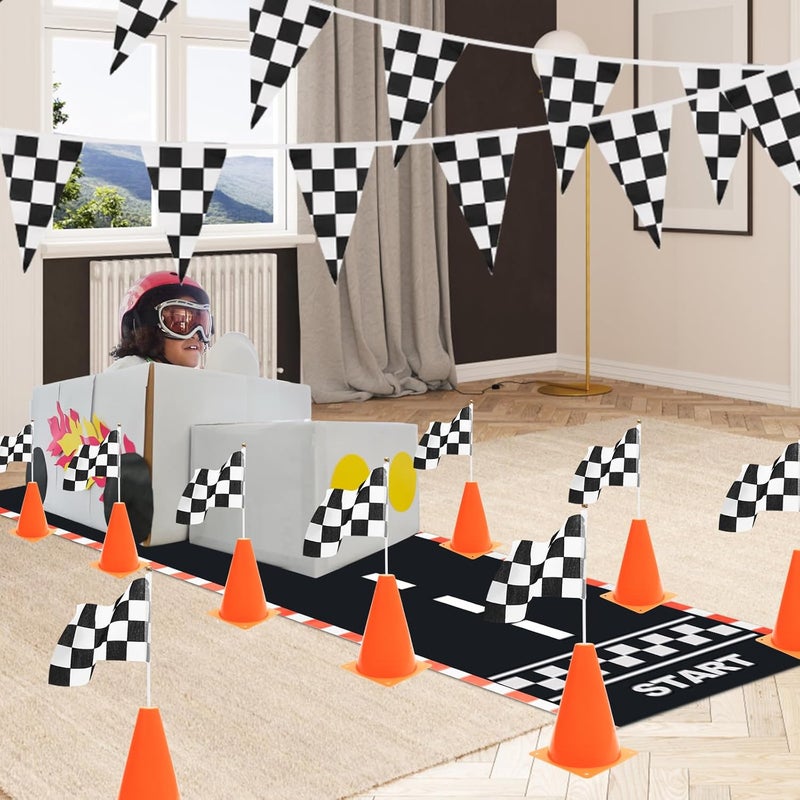 Anglekai 12+24 Traffic Cones and Racing Checkered Flags, 24 Checkered Flags with Sticks/ 12 Plastic Traffic Cones/ 9.8Ft Checkered Pennant Banner/ 6.56Ft Racetrack Floor Running Mat for Theme Party - Image 5